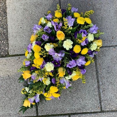 Purple, yellow, spray, Funeral, sympathy, wreath, tribute, flowers, florist, gravesend, Northfleet, Kent, london