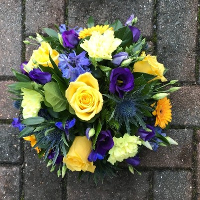 Yellow, purple, blue, posy, arrangement, Funeral, sympathy, wreath, tribute, flowers, florist, gravesend, Northfleet, Kent, london