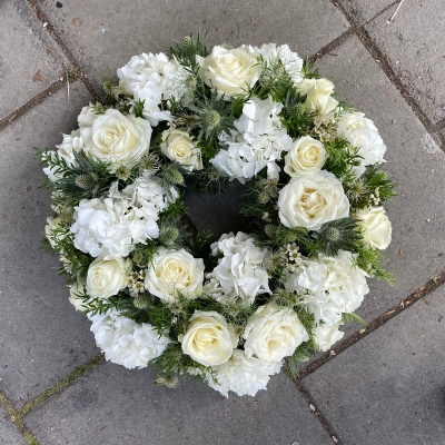Pink, white, rose, hydrangea, Funeral, sympathy, wreath, tribute, flowers, florist, gravesend, Northfleet, Kent, london