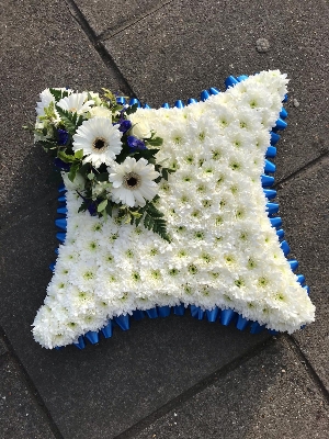Blue, white, based, cushion, Funeral, sympathy, wreath, tribute, flowers, florist, gravesend, Northfleet, Kent, london