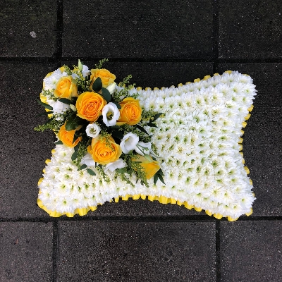 Yellow, white, based, pillow, Funeral, sympathy, wreath, tribute, flowers, florist, gravesend, Northfleet, Kent, london