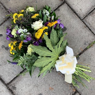 Purple, yellow, white, tied, sheaf, Funeral, sympathy, wreath, tribute, flowers, florist, gravesend, Northfleet, Kent, london