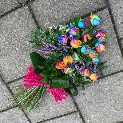 Rainbow, dyed, rose, tied, sheaf, Funeral, sympathy, wreath, tribute, flowers, florist, gravesend, Northfleet, Kent, london