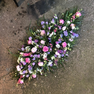 Pretty, pink, lilac, white, delicate, lady, coffin, spray, Funeral, sympathy, wreath, tribute, flowers, florist, gravesend, Northfleet, Kent, london