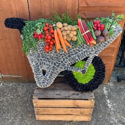 Wheelbarrow, vegetable, allotment, gardener, Funeral, sympathy, wreath, tribute, flowers, florist, gravesend, Northfleet, Kent, london