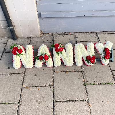 Nanny, letters, word, white, Funeral, sympathy, wreath, tribute, flowers, florist, gravesend, Northfleet, Kent, london