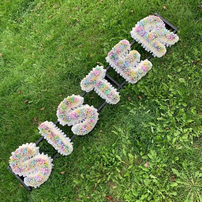 Rainbow, gypsophila, letters, word, pretty, Funeral, sympathy, wreath, tribute, flowers, florist, gravesend, Northfleet, Kent, london