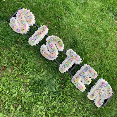 Rainbow, gypsophila, letters, word, pretty, Funeral, sympathy, wreath, tribute, flowers, florist, gravesend, Northfleet, Kent, london