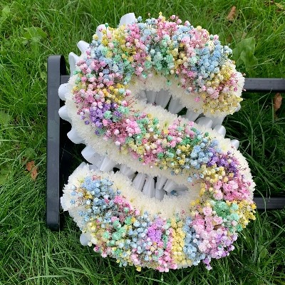 Rainbow, gypsophila, letters, word, pretty, Funeral, sympathy, wreath, tribute, flowers, florist, gravesend, Northfleet, Kent, london