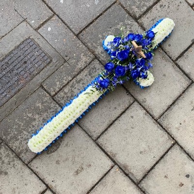 Blue, white, cross, Funeral, sympathy, wreath, tribute, flowers, florist, gravesend, Northfleet, Kent, london