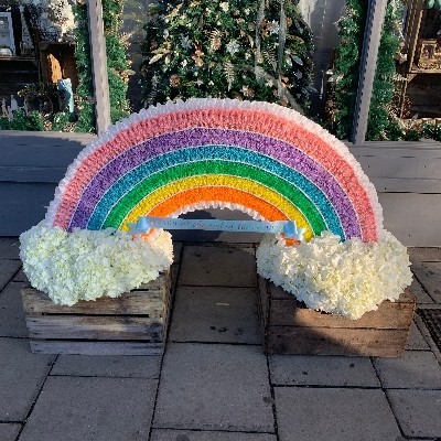 Standing, rainbow, gypsy, traveller, Funeral, sympathy, wreath, tribute, flowers, florist, gravesend, Northfleet, Kent, london, clouds, hydrangea, 