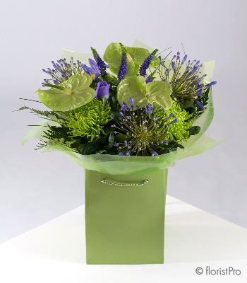 anthurium, lime green, purple, handtie, bouquet, www.thegravesendflorist.co.uk