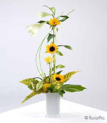 yellow, white, sunflower, rose, lily, modern, designer, arrangement, gift, www.thegravesendflorist.co.uk