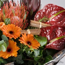 orange, red, gerbera, anthurium, rose, handtie, bouquet, www.thegravesendflorist.co.uk