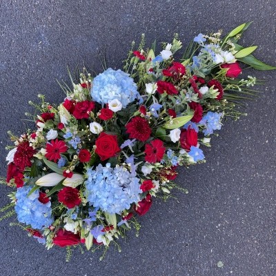 Claret, blue, white, coffin, spray, display, Funeral, sympathy, wreath, tribute, flowers, florist, gravesend, Northfleet, Kent, London