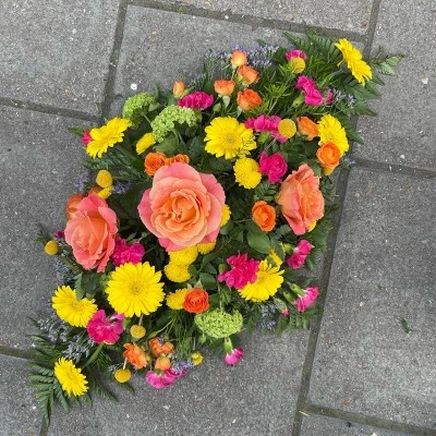 Bright, vibrant, tutti, fruiti, spray, double, ended, Funeral, sympathy, wreath, tribute, flowers, florist, gravesend, Northfleet, Kent, London