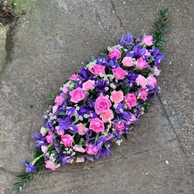 Iris, rose, carnation, blue, purple, mauve, coffin, spray, display, Funeral, sympathy, wreath, tribute, flowers, florist, gravesend, Northfleet, Kent, London