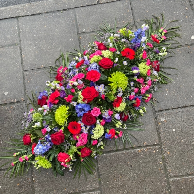 Bright, vibrant, jewel, tones, coffin, spray, display, Funeral, sympathy, wreath, tribute, flowers, florist, gravesend, Northfleet, Kent, London