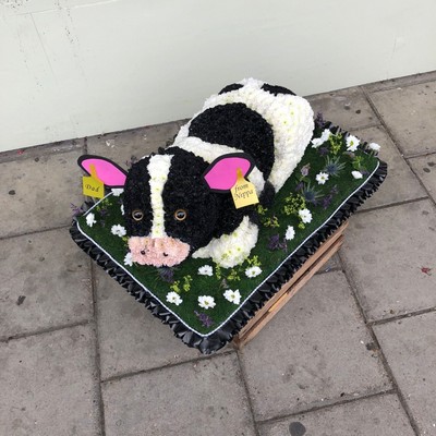 Black, white, dairy, cow, heifer, farmer, milkman, Holstein, friesian, Funeral, sympathy, wreath, tribute, flowers, florist, gravesend, Northfleet, Kent, London, Essex 