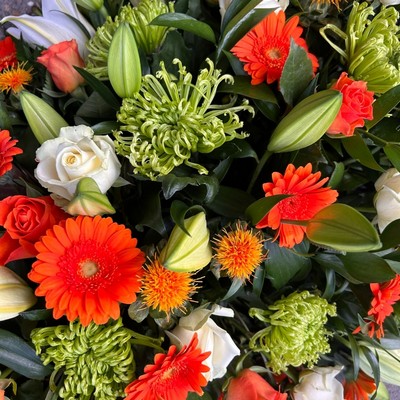 Green, white, orange, Irish, coffin, spray, Funeral, sympathy, wreath, tribute, flowers, florist, gravesend, Northfleet, Kent, London, Essex 