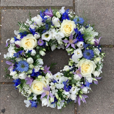 Blue, white, purple, lilac, mauve, ring, Funeral, sympathy, wreath, tribute, flowers, florist, gravesend, Northfleet, Kent, London