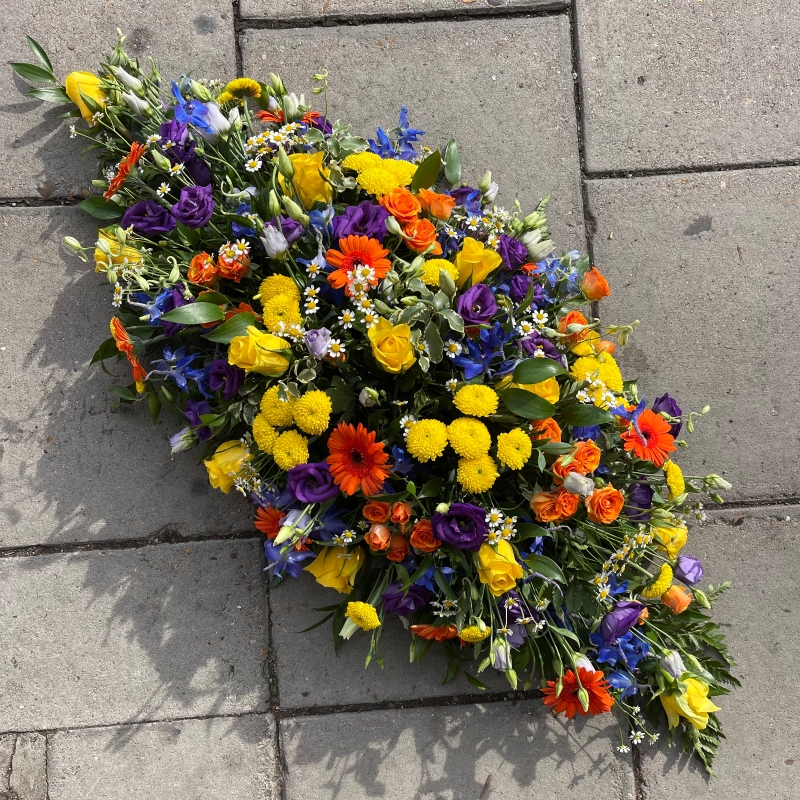 Vibrant, coffin, spray, display, Funeral, sympathy, wreath, tribute, flowers, florist, gravesend, Northfleet, Kent, London