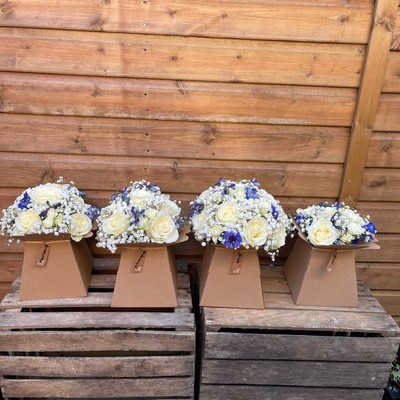 Wedding, bride, bridesmaid, bouquet, handtie, rose, gypsophila, delphinium, white, blue, ivory, Northfleet, Gravesend, Kent, London, delivery