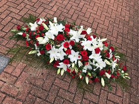 Lily, rose, red, white, coffin, spray, funeral, flowers, Gravesend, kent