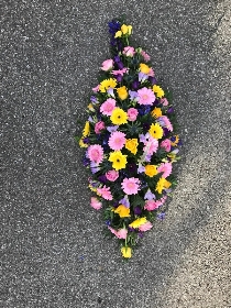 Bright, pink, yellow, purple, blue, coffin, spray, oasis, funeral, tribute, flowers, wreath, Gravesend, delivery 