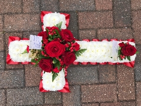 Red, white, rose, cross, funeral, tribute, flowers, wreath, Gravesend, florist, delivery 