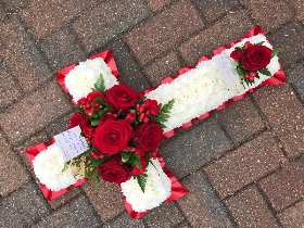 Red, white, rose, cross, funeral, tribute, flowers, wreath, Gravesend, florist, delivery 