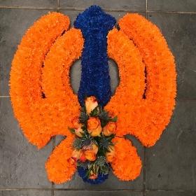 Sikh, khanda, religious, symbol, guru, Nanak, darbar, gurdwara, temple, orange, white, blue, funeral, flowers, wreath, tribute, Gravesend, Florist, delivery