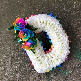 Rainbow, letters, funeral, flowers, tribute, wreath, frame, bright, colours, unicorn, funeral, sympathy, flowers, floral, florist, Gravesend, kent, london
