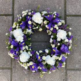 Purple, white, yellow, carnation, iris, Funeral, sympathy, wreath, tribute, flowers, florist, gravesend, Northfleet, Kent, london