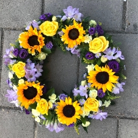 Sunflower, rose, purple, yellow, white, Funeral, sympathy, wreath, tribute, flowers, florist, gravesend, Northfleet, Kent, london