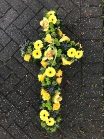 Modern, contemporary, fresh, yellow, green, orchid, calla, lily, rose, gerbera, Funeral, sympathy, wreath, tribute, flowers, florist, gravesend, Northfleet, Kent, london