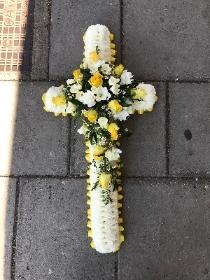 Yellow, white, cross, Funeral, sympathy, wreath, tribute, flowers, florist, gravesend, Northfleet, Kent, london