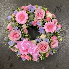Pink, lilac, purple, white, rose, gerbera, pretty, Funeral, sympathy, wreath, tribute, flowers, florist, gravesend, Northfleet, Kent, london