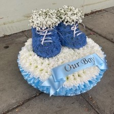 Baby, shoes, booties, funeral, flowers, tribute, wreath, gravesend, northfleet, florist, kent