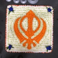 Khanda, guru, Nanak, darbar, gurdwara, Sikh, religious, symbol, orange, white, funeral, flowers, tribute, wreath, gravesend, kent, northfleet 