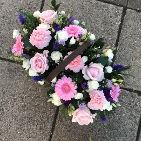 Pink, purple, basket, arrangement, Funeral, wreath, tribute, flowers, florist, gravesend, northfleet, kent