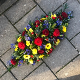 Yellow, red, blue, coffin, spray, tribute, wreath, funeral, flowers, florist, gravesend, northfleet, kent, london
