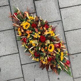 Sunflower, autumn, autumnal, one, coffin, spray, Funeral, sympathy, wreath, tribute, flowers, florist, gravesend, Northfleet, Kent, london