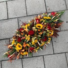 Sunflower, autumn, autumnal, one, coffin, spray, Funeral, sympathy, wreath, tribute, flowers, florist, gravesend, Northfleet, Kent, london