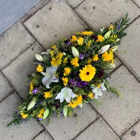 Purple, yellow, white, coffin, spray, Funeral, sympathy, wreath, tribute, flowers, florist, gravesend, Northfleet, Kent, london