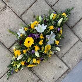 Purple, yellow, white, coffin, spray, Funeral, sympathy, wreath, tribute, flowers, florist, gravesend, Northfleet, Kent, london