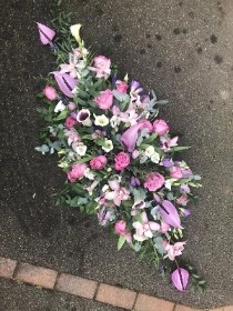 Lilac, purple, luxury, coffin, spray, tropical, Funeral, sympathy, wreath, tribute, flowers, florist, gravesend, Northfleet, Kent, london