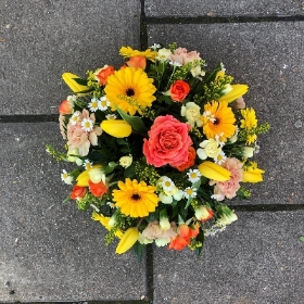 Yellow, orange, posy, arrangement, Funeral, sympathy, wreath, tribute, flowers, florist, gravesend, Northfleet, Kent, london