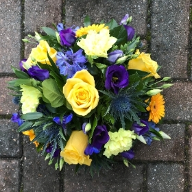 Yellow, purple, blue, posy, arrangement, Funeral, sympathy, wreath, tribute, flowers, florist, gravesend, Northfleet, Kent, london