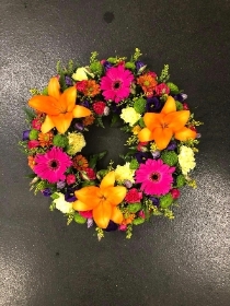 Bright, vibrant, lily, Funeral, sympathy, wreath, tribute, flowers, florist, gravesend, Northfleet, Kent, london